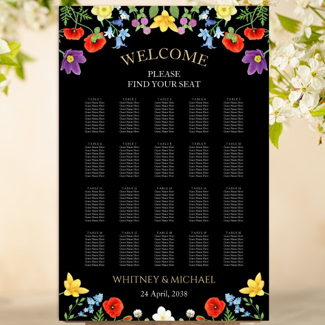 Poster Gráfico de Assentos de Casamento Negro de primaver (Spring Wildflower Black Wedding Seating Chart)