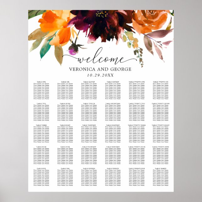 Poster Gráfico de Assentos de Casamento outono Floral Rus (Frente)