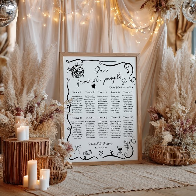 Poster Gráfico de assentos de casamento preto caprichoso  (Quirky whimsical black Wedding Seating Chart)