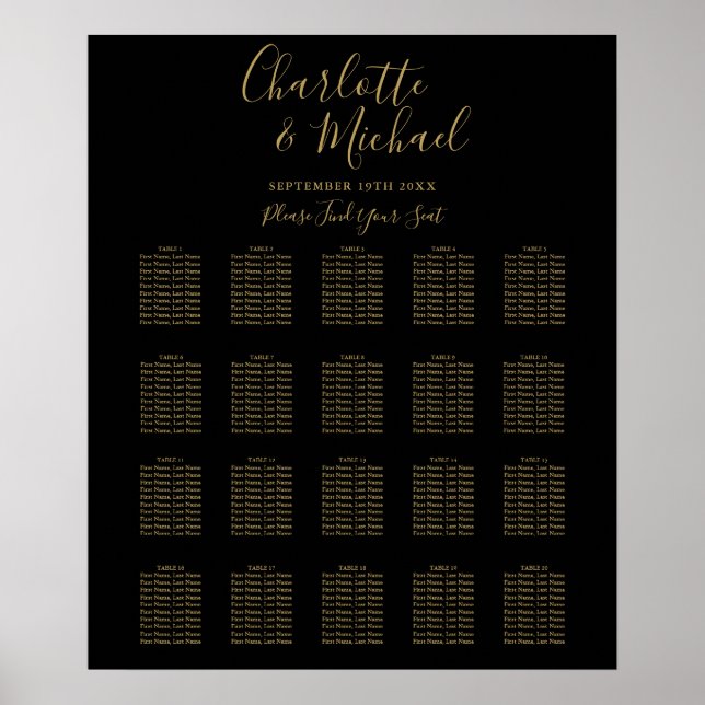 Poster Gráfico de Assentos de Casamento Preto e Dourado c (Frente)
