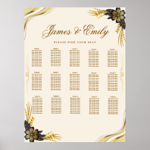 Poster Gráfico de Assentos de Casamento Preto e Dourado E