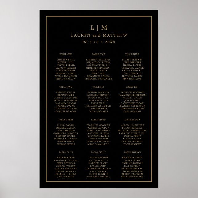 Poster Gráfico de Assentos de Casamento Preto e Dourado S (Frente)