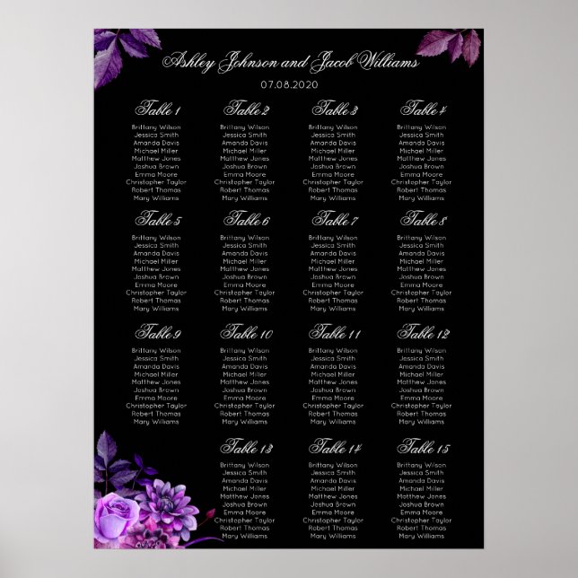 Poster Gráfico de assentos de casamento preto e roxo (Frente)