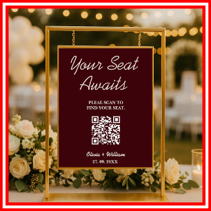 Poster Gráfico de Assentos de Casamento QR Burgundy & Mar