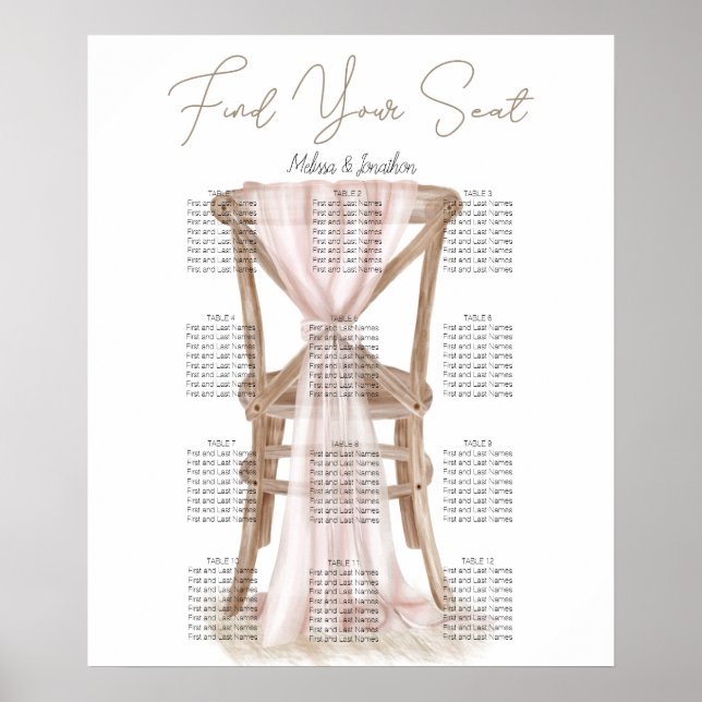 Poster Gráfico de Assentos de Casamento Rosa Boho Moderno (Frente)