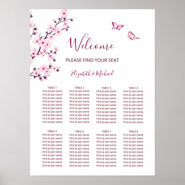 Poster Gráfico de Assentos de Casamento Rosa Branco Flor  (Frente)