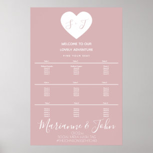 Poster Gráfico de Assentos de Casamento Rosa Coração Simp