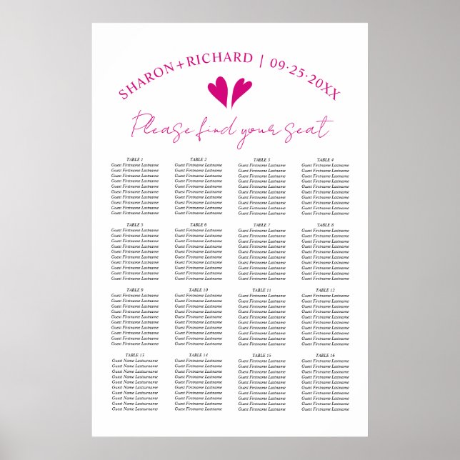 Poster Gráfico de assentos de casamento rosa magenta eleg (Frente)