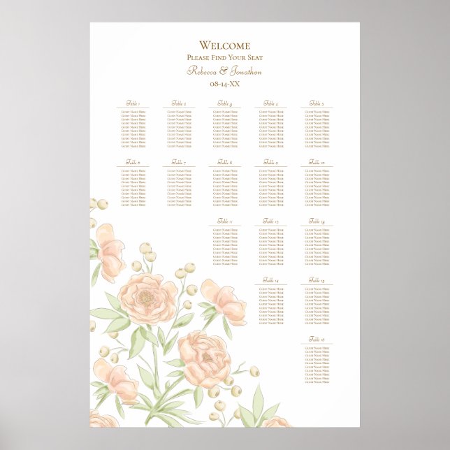 Poster Gráfico de Assentos de Casamento Rosa Pêssego (Frente)