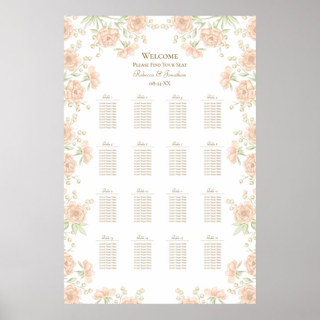 Poster Gráfico de Assentos de Casamento Rosa Pêssego (Frente)