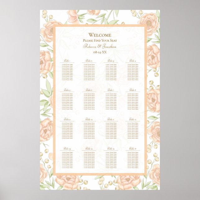 Poster Gráfico de Assentos de Casamento Rosa Pêssego (Frente)