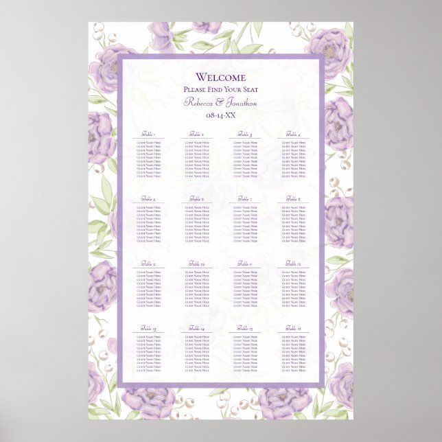 Poster Gráfico de Assentos de Casamento Rosa Roxo Lavanda (Frente)