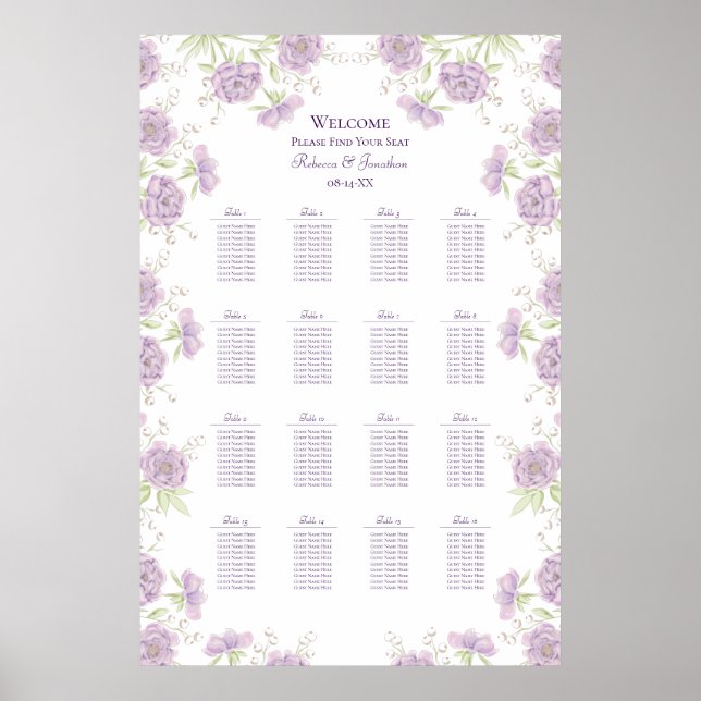 Poster Gráfico de Assentos de Casamento Rosa Roxo Lavanda (Frente)