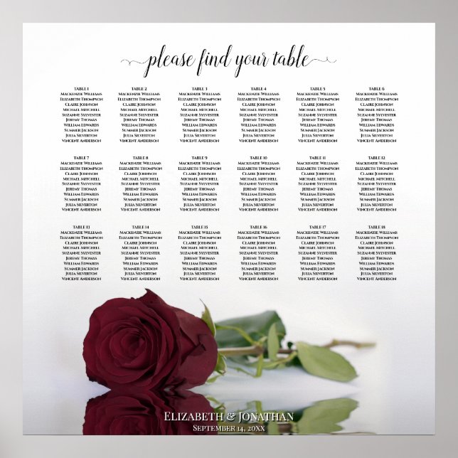 Poster Gráfico de Assentos de Casamento Rosa Vermelha Bor (Frente)