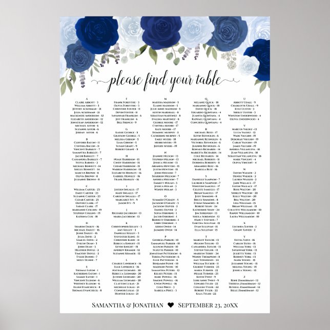 Poster Gráfico de Assentos de Casamento Rosas Azuis Rústi (Frente)