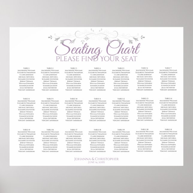 Poster Gráfico de Assentos de Casamento Roxo e Cinza 21 M (Frente)