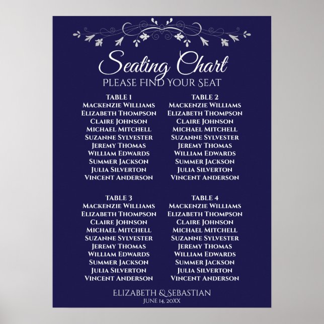 Poster Gráfico de Assentos de Casamento Simples Azul Mari (Frente)