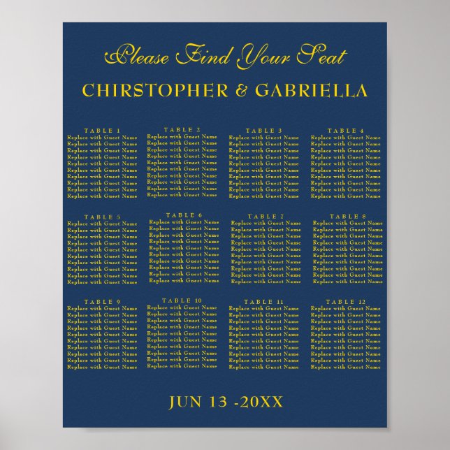 Poster Gráfico de Assentos de Casamento Simples Azul Mari (Frente)