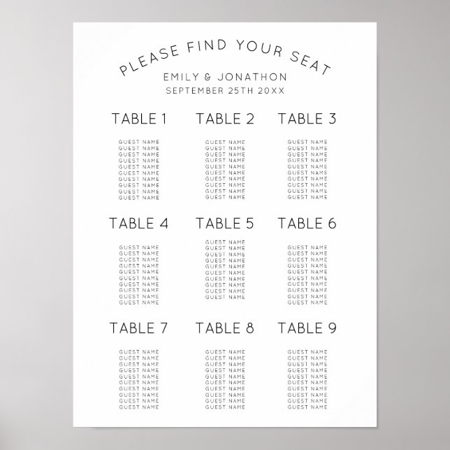 Poster Gráfico de Assentos de Casamento Simples Preto e B (Frente)