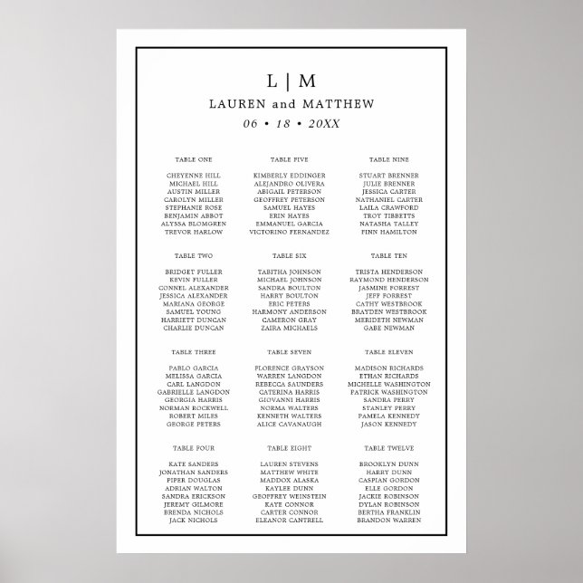 Poster Gráfico de Assentos de Casamento Simples Preto e B (Frente)