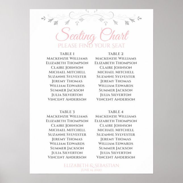 Poster Gráfico de Assentos de Casamento Simples Rosa e Ci (Frente)