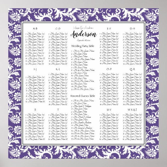 Póster Gráfico de Assentos de Casamento tema damasco Roxo (Frente)