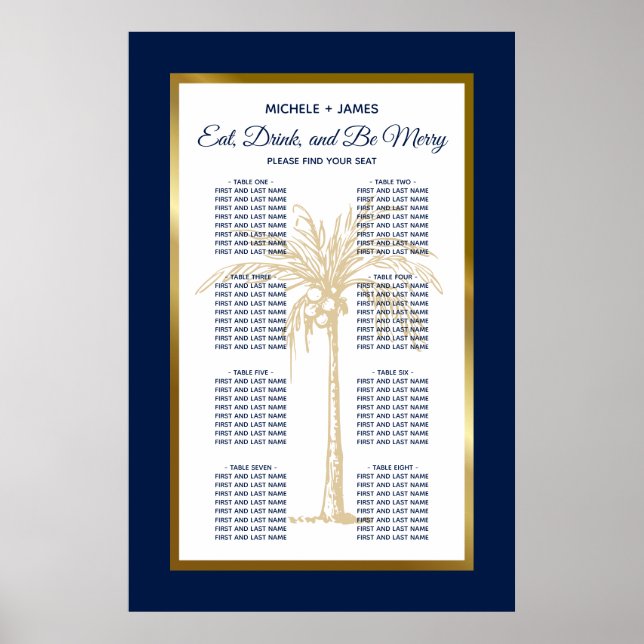 Poster Gráfico de Assentos de Casamento Tropical Azul Nav (Frente)