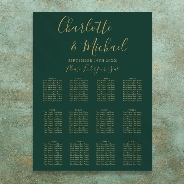 Poster Gráfico de Assentos de Casamento Verde Esmeralda e (Emerald Green And Gold Wedding Seating Chart)