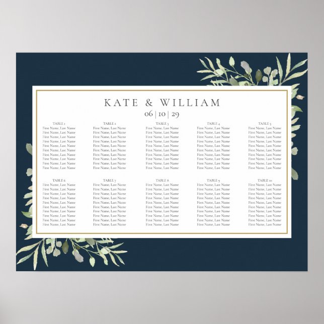 Poster Gráfico de Assentos de Casamento Verde Navy Azul D (Frente)