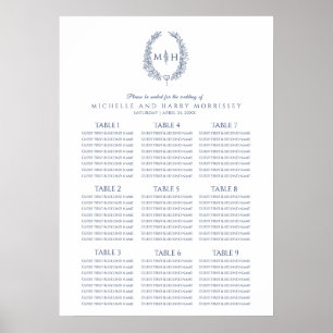 Poster Gráfico de assentos de casamentos de folhas azuis 