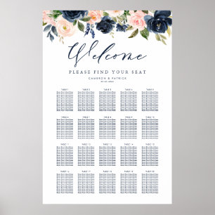 Poster Gráfico de Assentos de Casamentos Florais Azuis e 