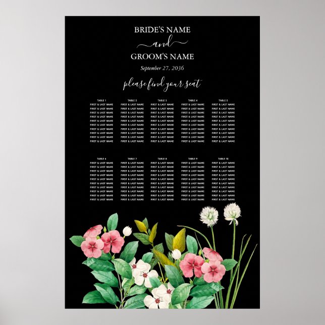 Poster Gráfico de Assentos de Casamentos Pretos com Flore (Frente)