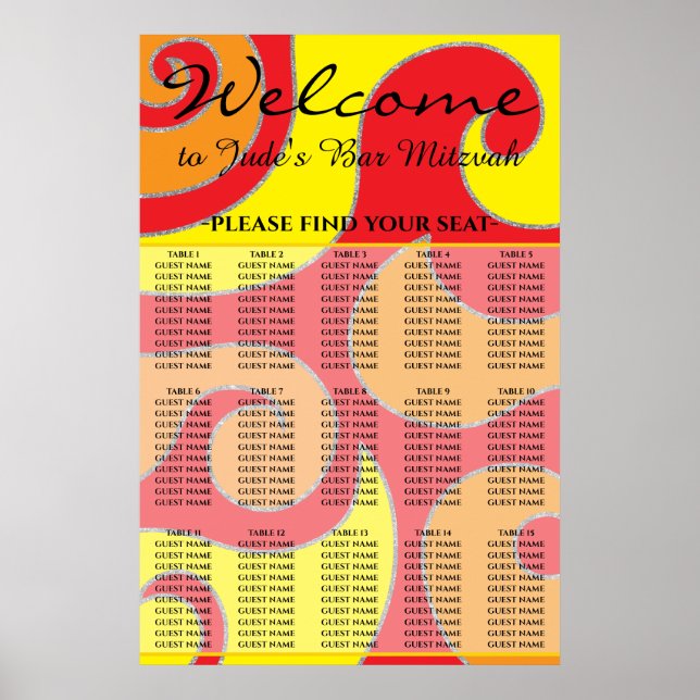 Poster Gráfico de Assentos de Estilo do bar e Bat Mitzvah (Frente)