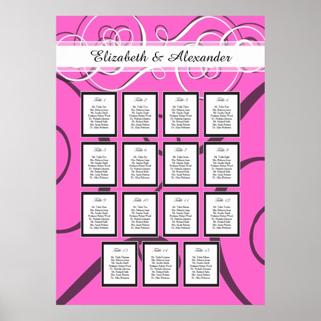 Poster Gráfico de Assentos de Mesa 15 de Casamento Rosa Q (Frente)