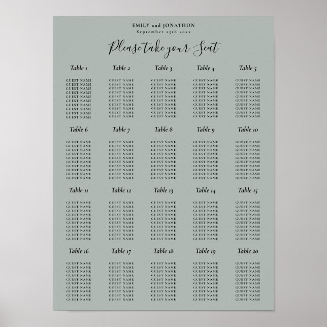 Poster Gráfico de Assentos de Mesa 20 Sage Verde (Frente)