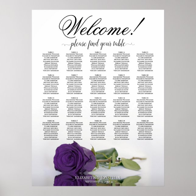 Poster Gráfico de Assentos de Mesa Elegante Rosa Roxa Rea (Frente)