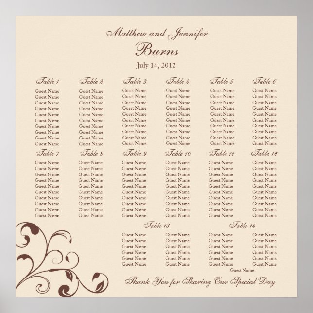 Póster Gráfico de Assentos de Recepção de casamento Quadr (Frente)