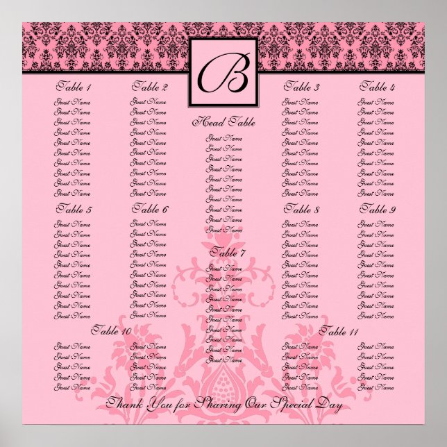 Póster Gráfico de Assentos de Recepção de casamento Rosa  (Frente)