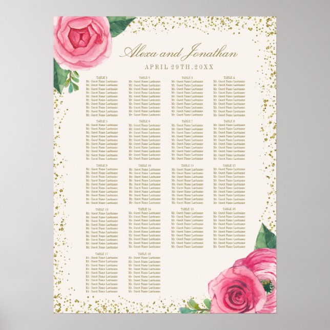 Póster Gráfico de Assentos de Rosas de Aquarelas Douradas (Frente)