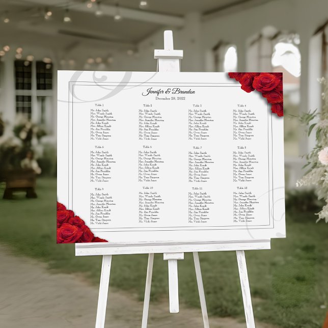 Poster Gráfico de Assentos de Rosas Vermelhas 16 x 20 (12 Table Elegant Red Roses Seating Chart)