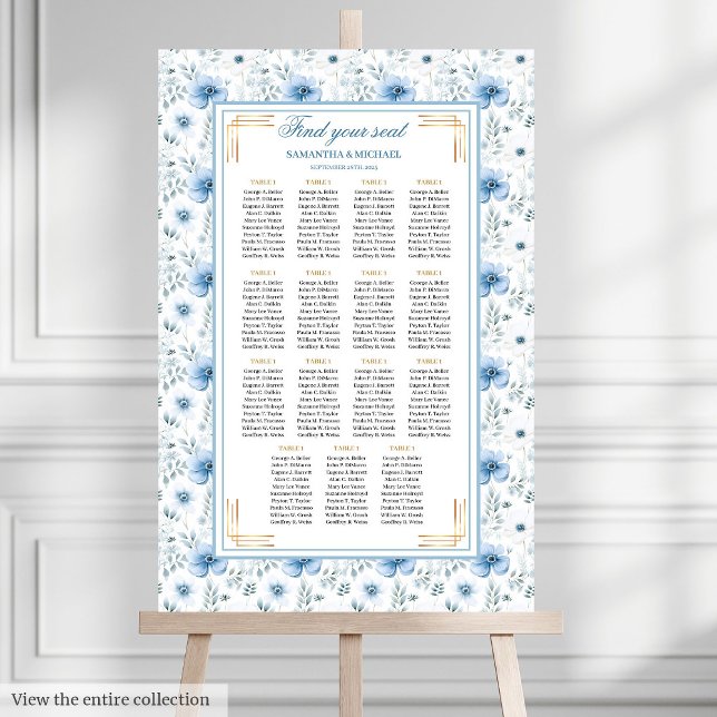 Poster Gráfico de Assentos Dourados Azul Claro com Cor da (Timeless Watercolor Light Blue Gold Seating Chart)