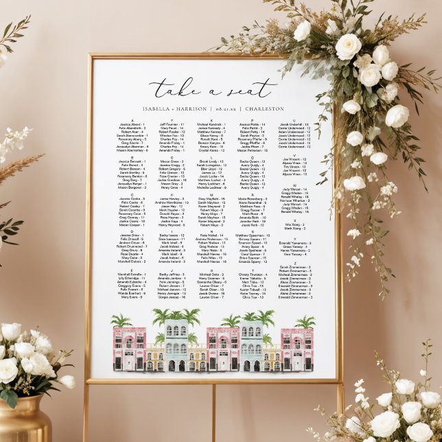 Poster Gráfico de Assentos FIONA Charleston SC Rainbow Ro (Charleston Inspired Rainbow Row Wedding Seating Chart Alphabetical )