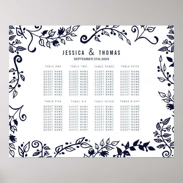 Poster Gráfico de Assentos Florais Azuis e Brancos do Mar (Frente)