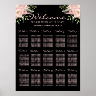 Poster Gráfico de Assentos Florais de Casamento Preto e R
