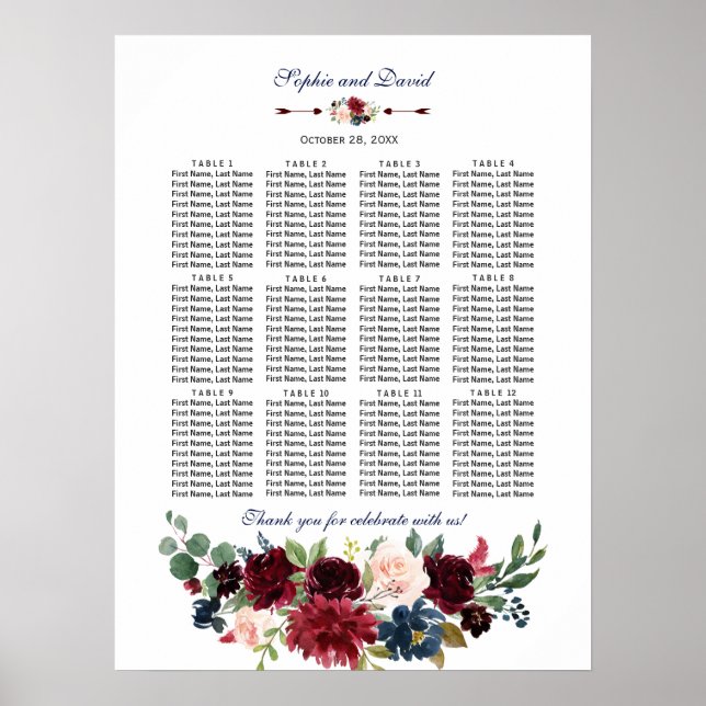 Poster Gráfico de Assentos Florais de Casamentos de Marin (Frente)