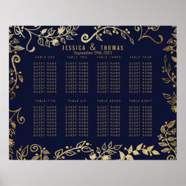 Poster Gráfico de Assentos Florais Dourados Azul Elegante