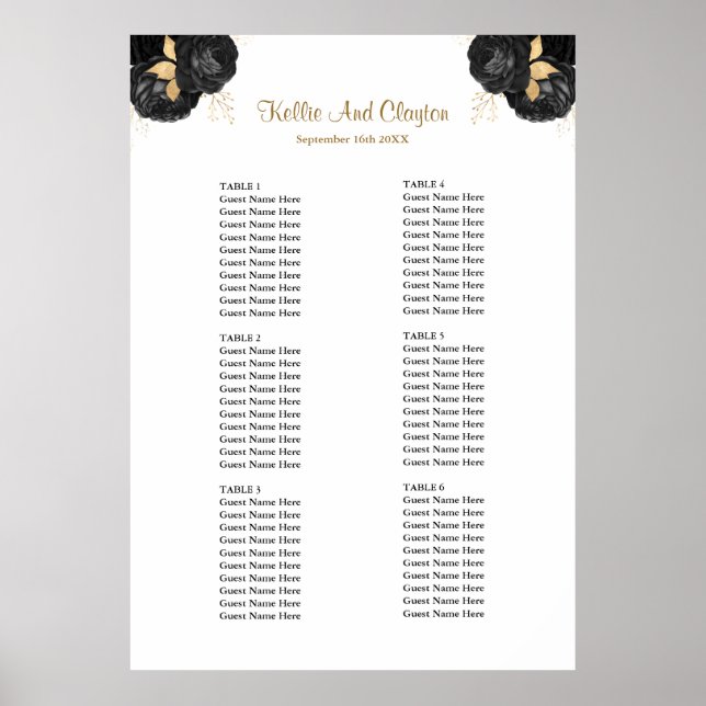 Poster Gráfico de Assentos Florais Pretos E Dourados (Frente)