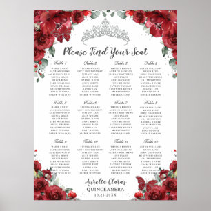 Poster Gráfico de Assentos Floral Vermelho para Quinceañe