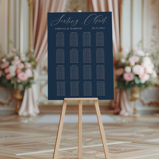 Poster Gráfico de Assentos Moderno Casamento Azul e Doura (Criador carregado)