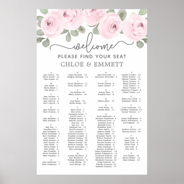 Poster Gráfico de Assentos Ofabéticos Botânicos Rosa Rosa (Frente)